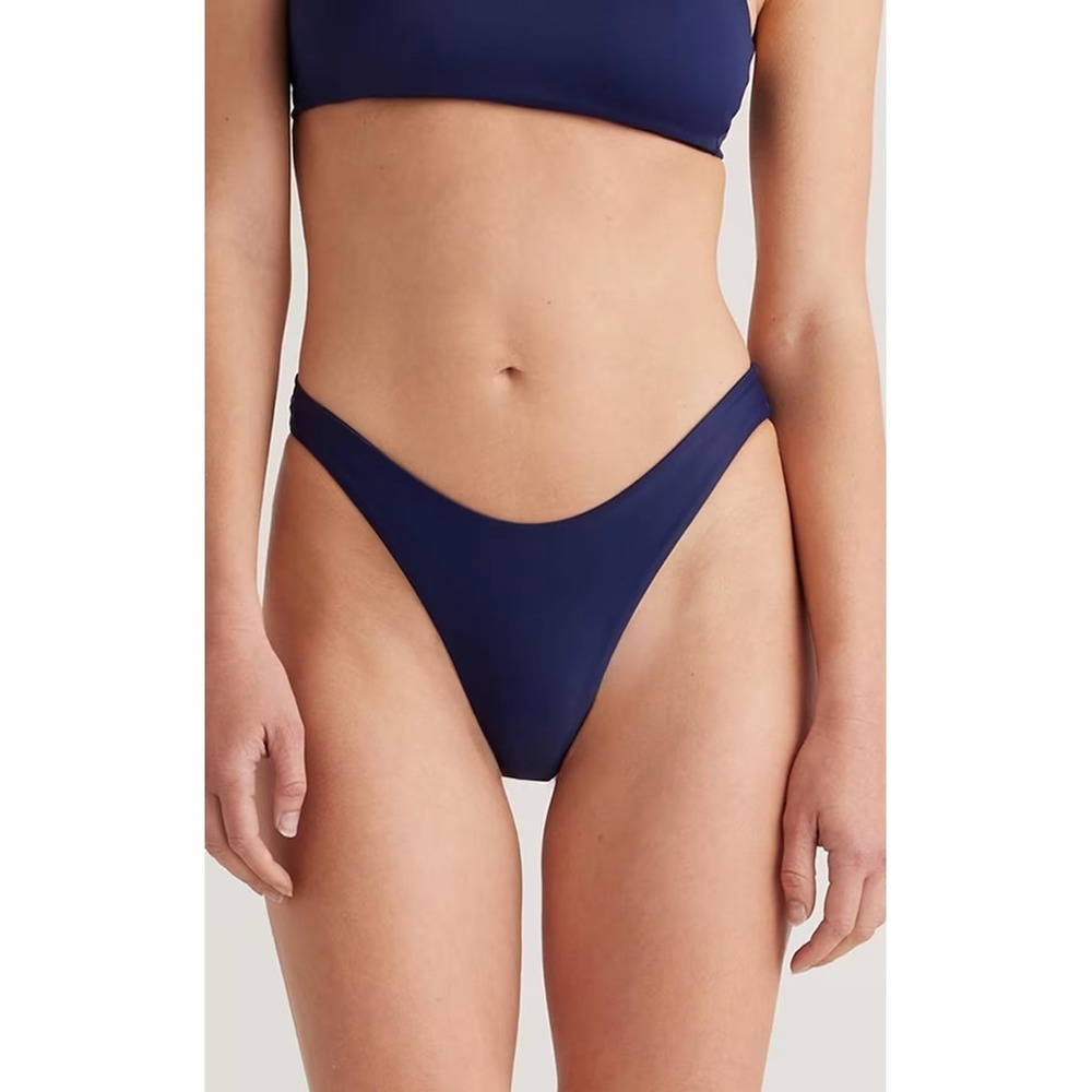 Quince Bikini Bottom Womens Size S Navy Blue Italian High-Cut Thong Swimwear UPF